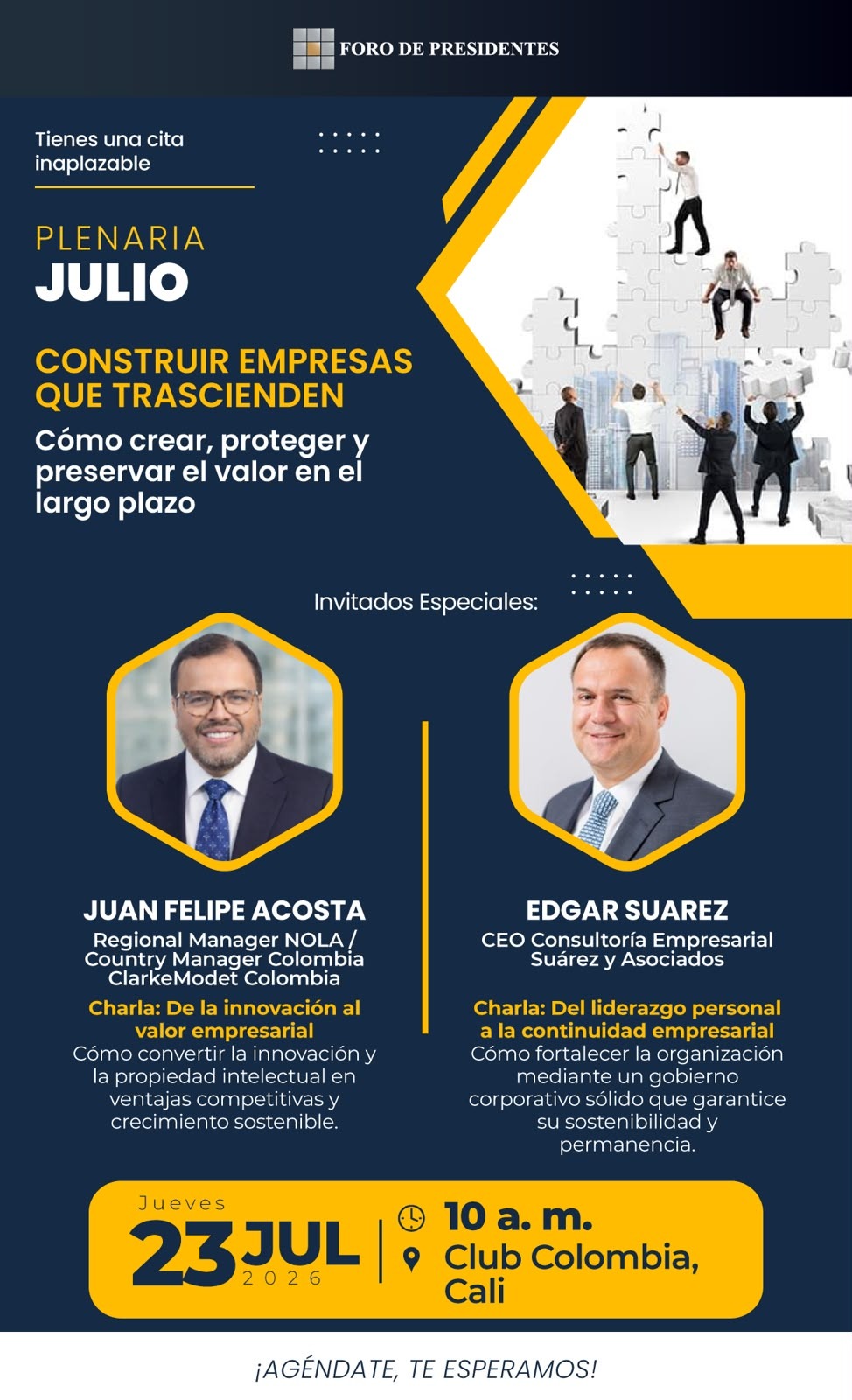 Pieza oficial de la plenaria Construir empresas que trascienden del Foro de Presidentes en Cali