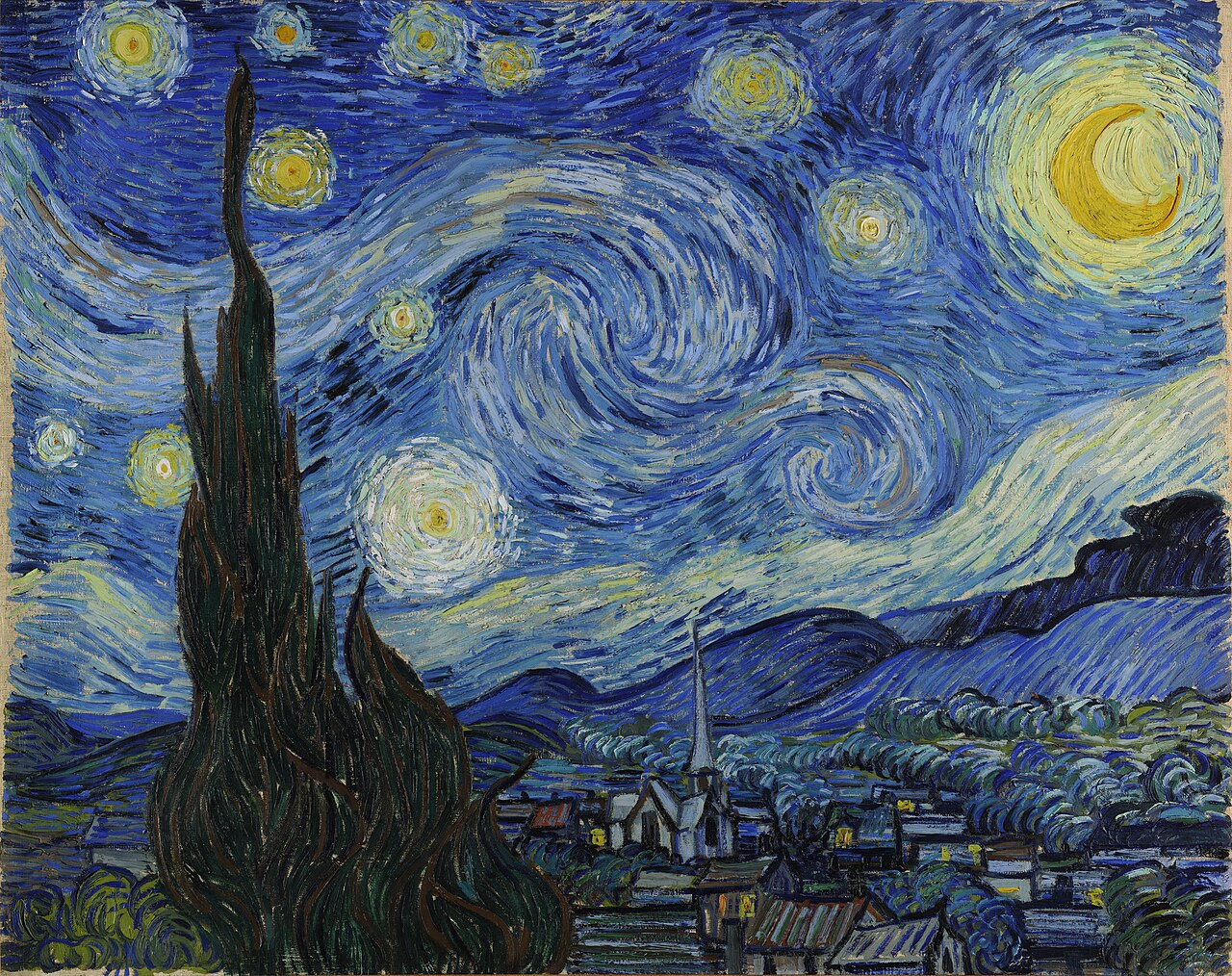 La noche estrellada de Vincent van Gogh, con un cielo azul en remolinos sobre un pueblo y un ciprés oscuro